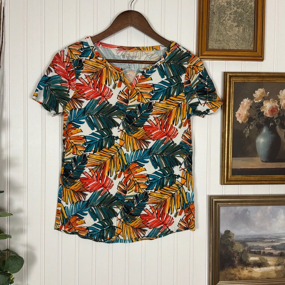 Chico's Tropical Palm Leaf Print Top Women Size 1 Multicolor Excellent SS